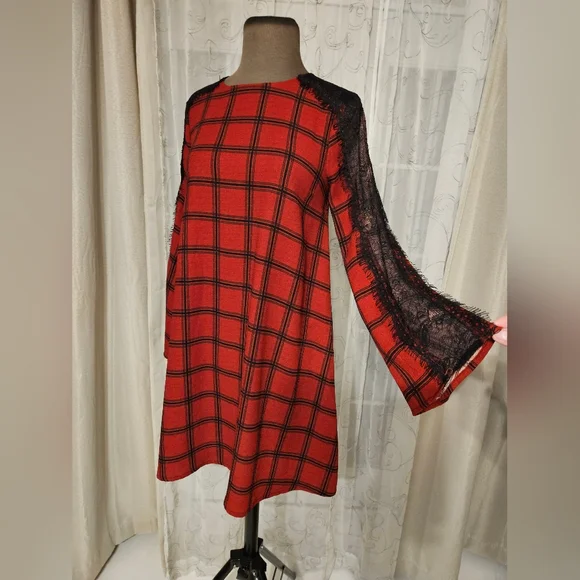 Gianni Bini Red Black Lace Plaid Whimsigoth Business Casual Midi Dress XS - Picture 3 of 16